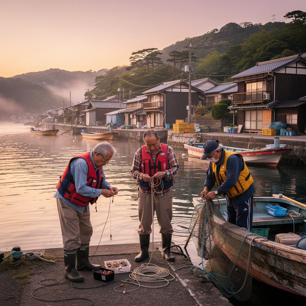 釣り餌やルアーが並んだカウンターの写真
