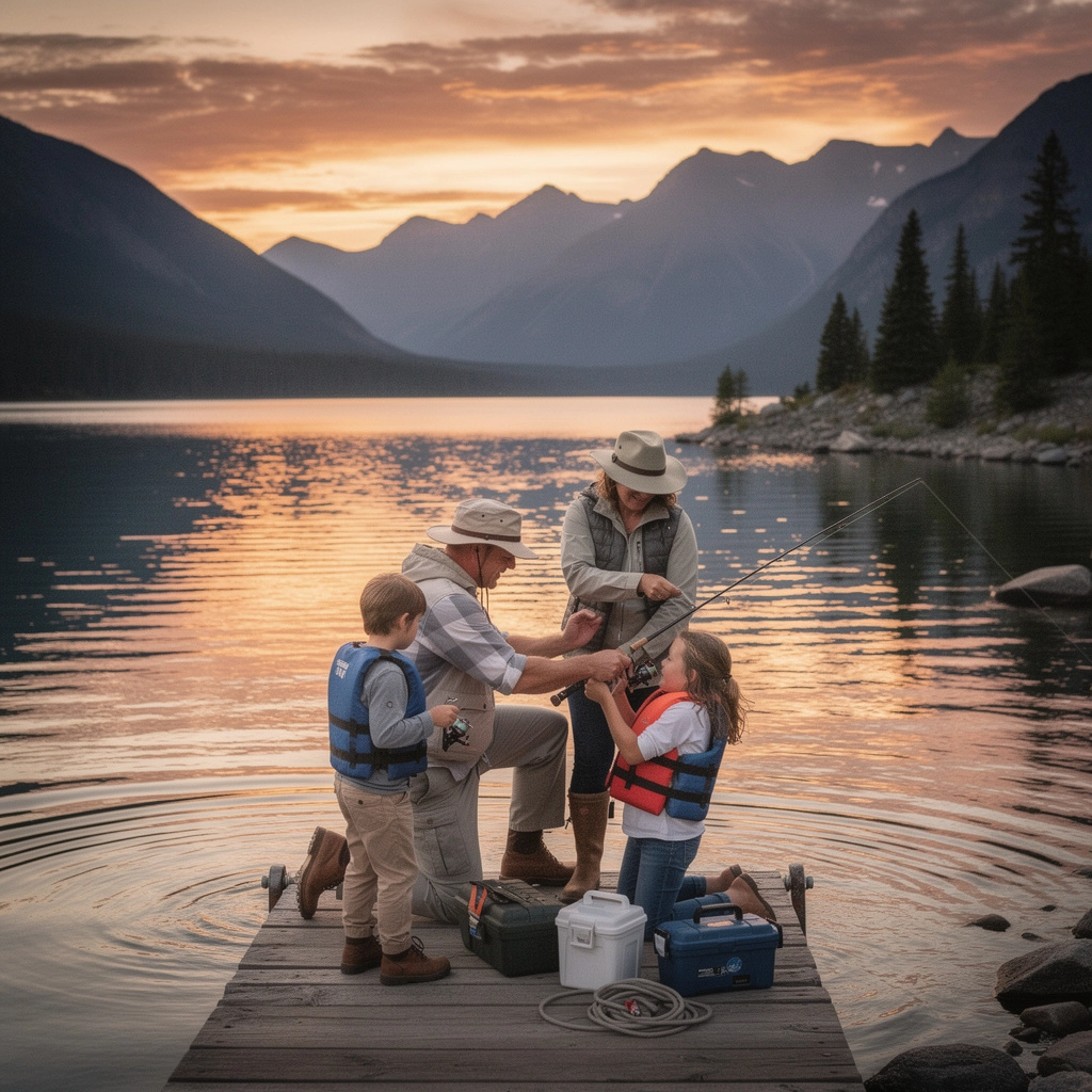 美しい夕焼けの中で釣りをするシルエット