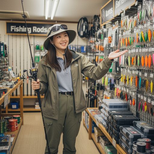 釣りに必要なアクセサリーが展示されたコーナー
