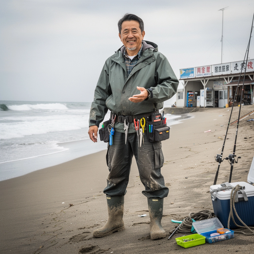 釣り竿とリールが美しく配置されたアウトドアシーン